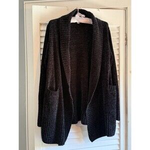 Orvis Chenille Black Open Cardigan L Shawl Collar Pockets Whimsigoth soft lux